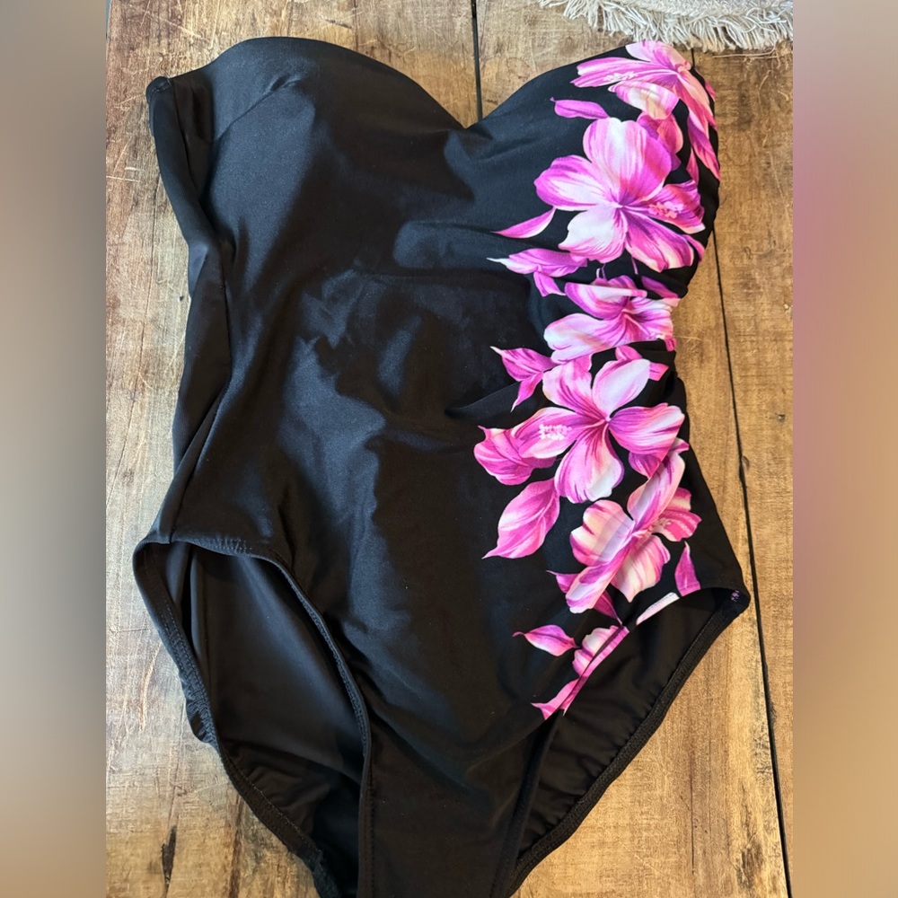 Miraclesuit EUC Pink Black Floral Hawaiian Strapless One-Piece Bathing Suit 8